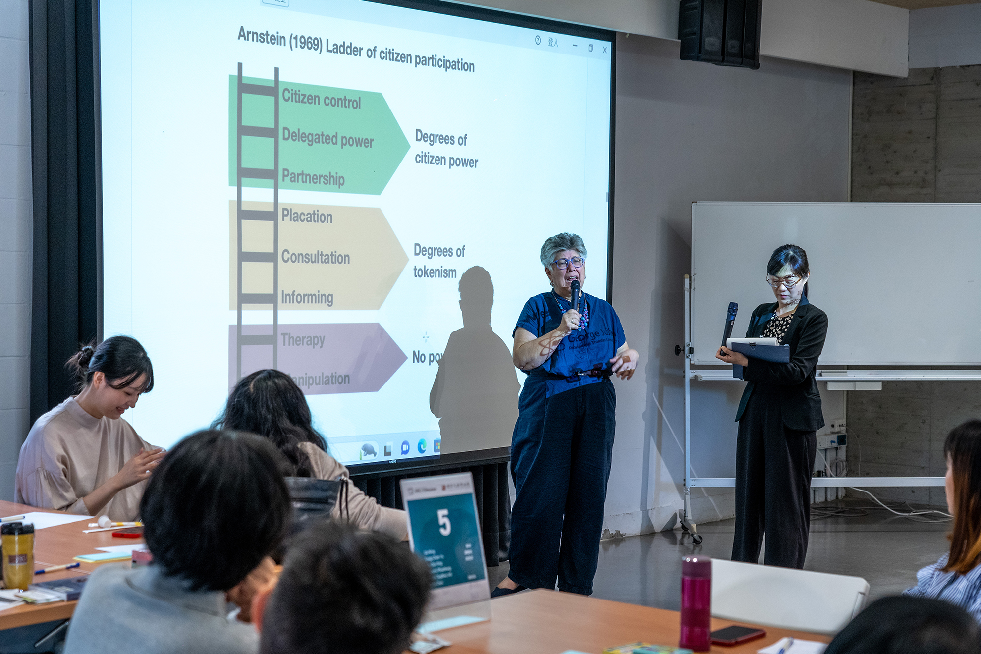 Ipinaliwanag ni Norris ang Ladder of Citizen Participation, kung saan ang bawat pagtaas ay kumakatawan sa  pagtaas ng mga antas ng pakikilahok mula sa manipulasyon at therapy patungo sa pagbibigay impormasyon, konsultasyon, at pakikipagtulungan, itinalagang kapangyarihan, at kontrol ng mamamayan. (Larawan mula sa FIHRM-AP)